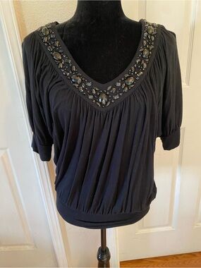 Black Embellished V-Neck Women's Top